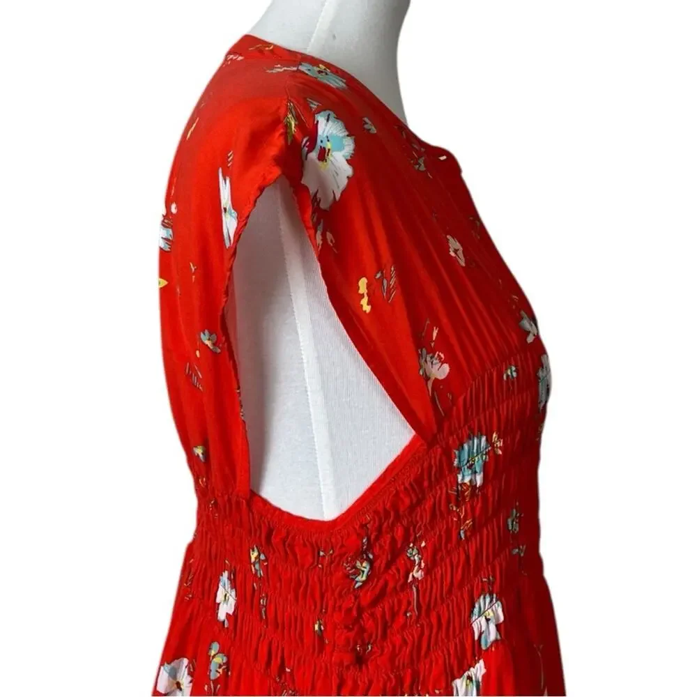 Free People Dress Smocked Waist Button Front Red Floral Women’s Size Medium